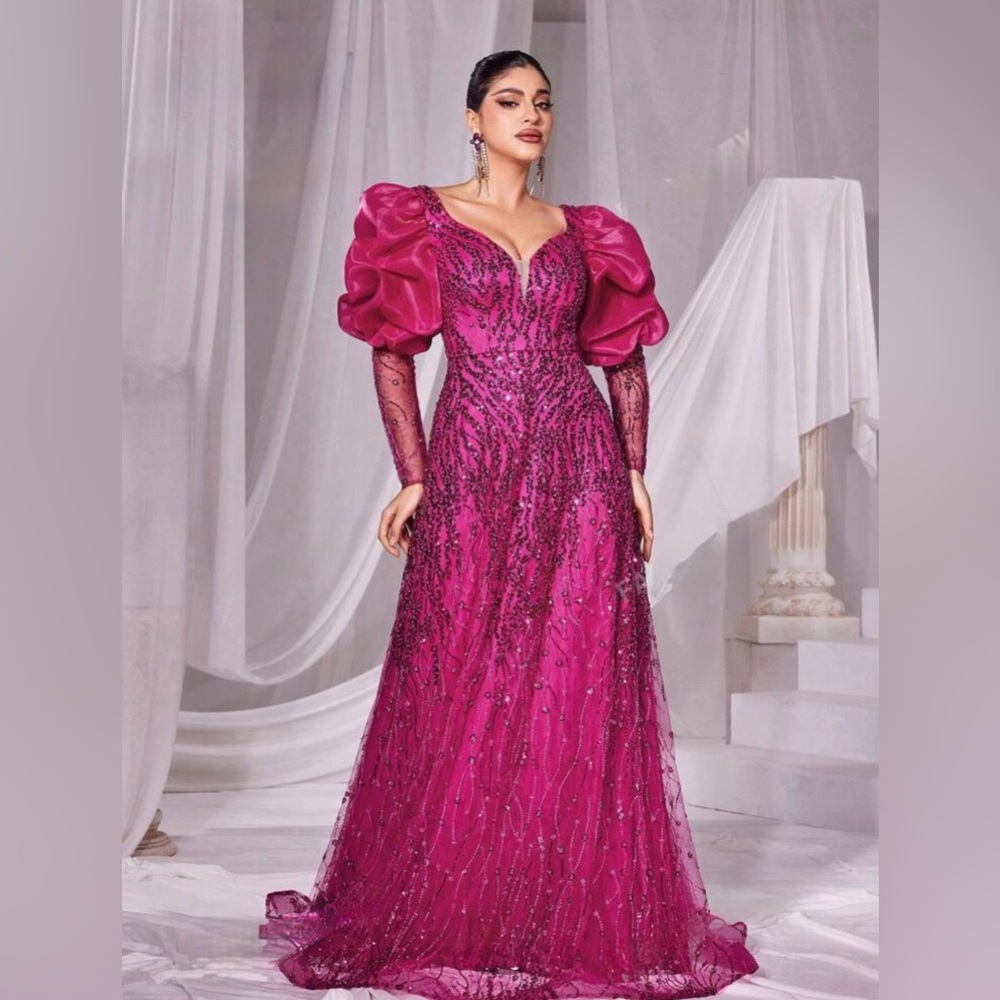 Elegant Fuchsia Long-Sleeve Evening Gown
